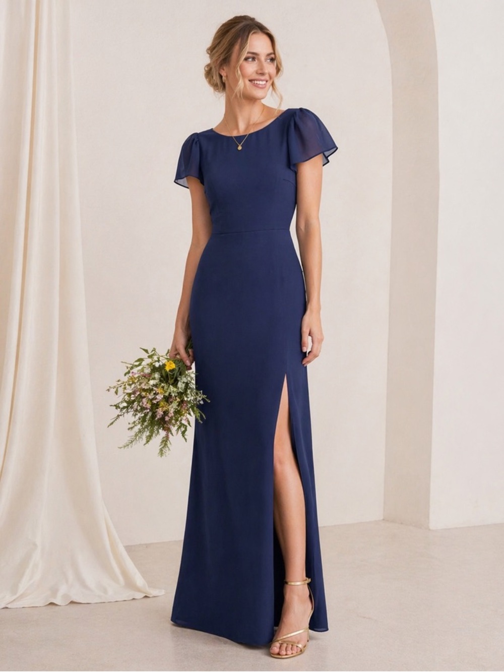 Joanna August Flutter Cap Sleeve Navy Blue Wedding Guest Bridesmaid Dress